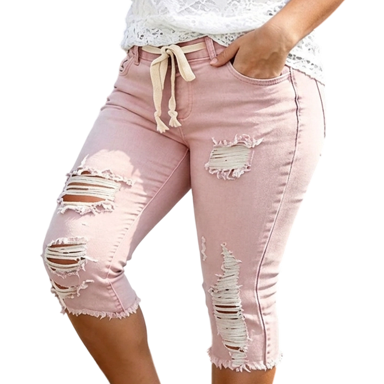 Women's Plus Size Distressed Ripped High-Waisted Capri Jeans