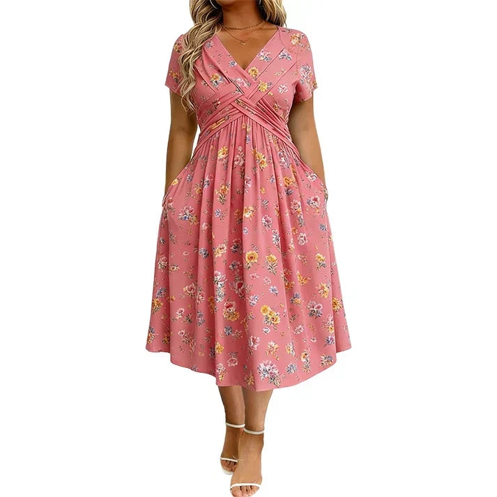 Floral V-neck dress with a twist at the waist—elegant and casual for any occasion