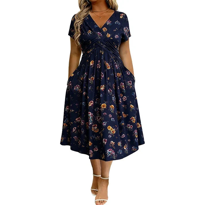 Floral V-neck dress with a twist at the waist—elegant and casual for any occasion